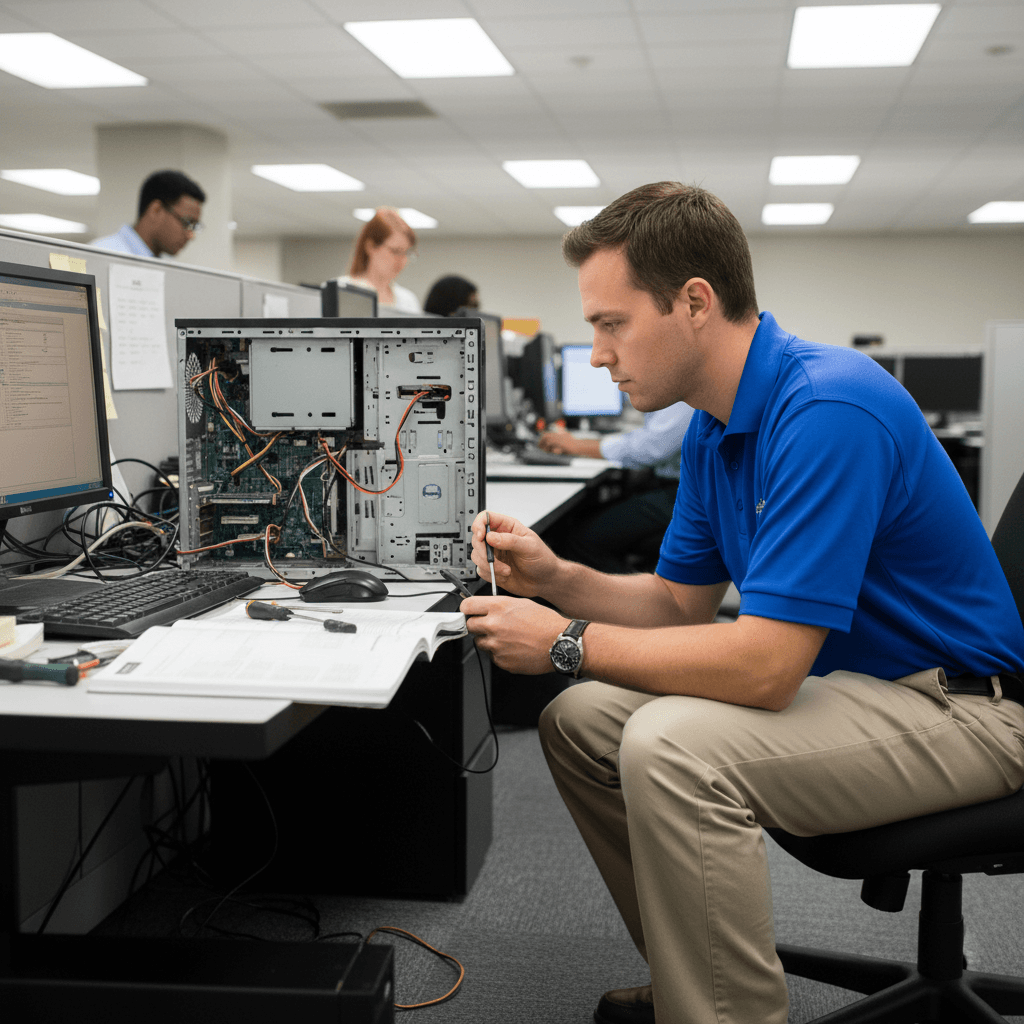 Professional IT technician working on computer repair